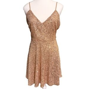 Revamped Sequin Mini Dress L Champagne Gold Spaghetti Strap Party